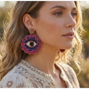 Kay Lee Pink Gold Evil Eye Round Beaded Earrings New